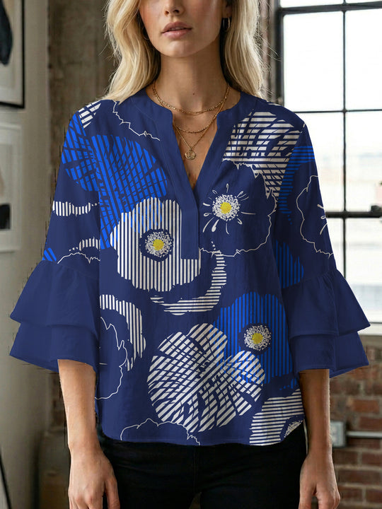 Damen elegantes Blusenshirt mit voluminösen Rüsenärmeln und grafischem Blumendesign EB