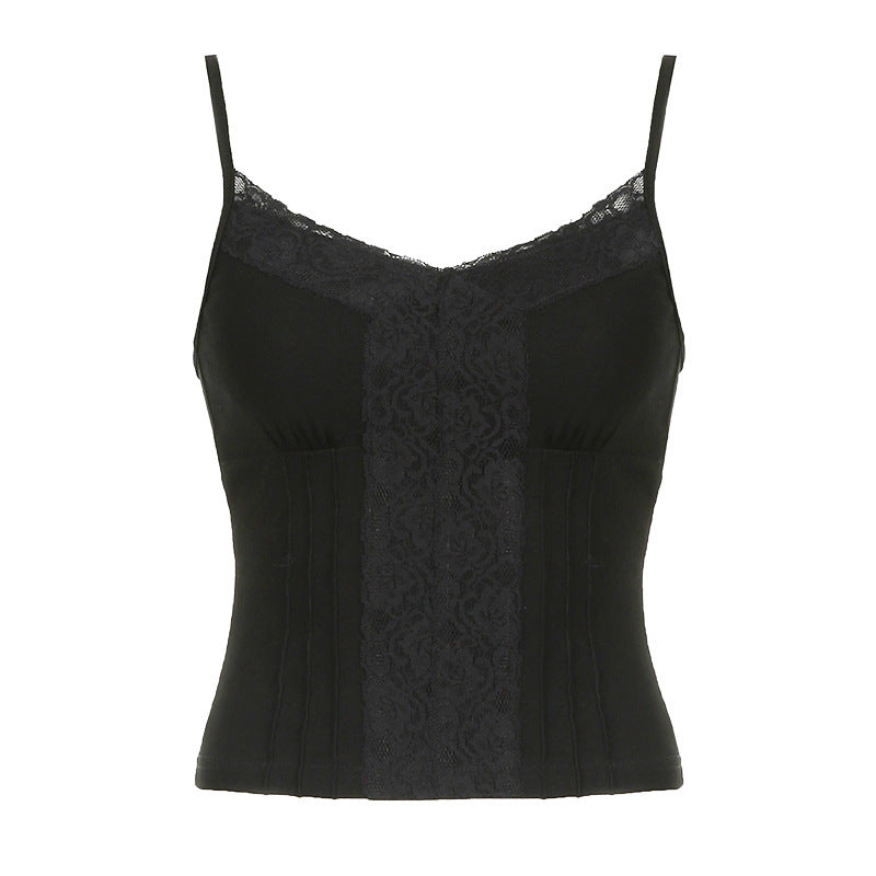 Damen Spaghetti-Trägertop mit romantischem Spitzenbesatz und taillierter Silhouette EB