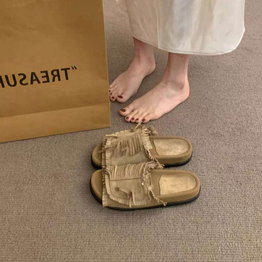 Damen Bequeme Slipper mit fransigem Design und weichem Fußbett EB