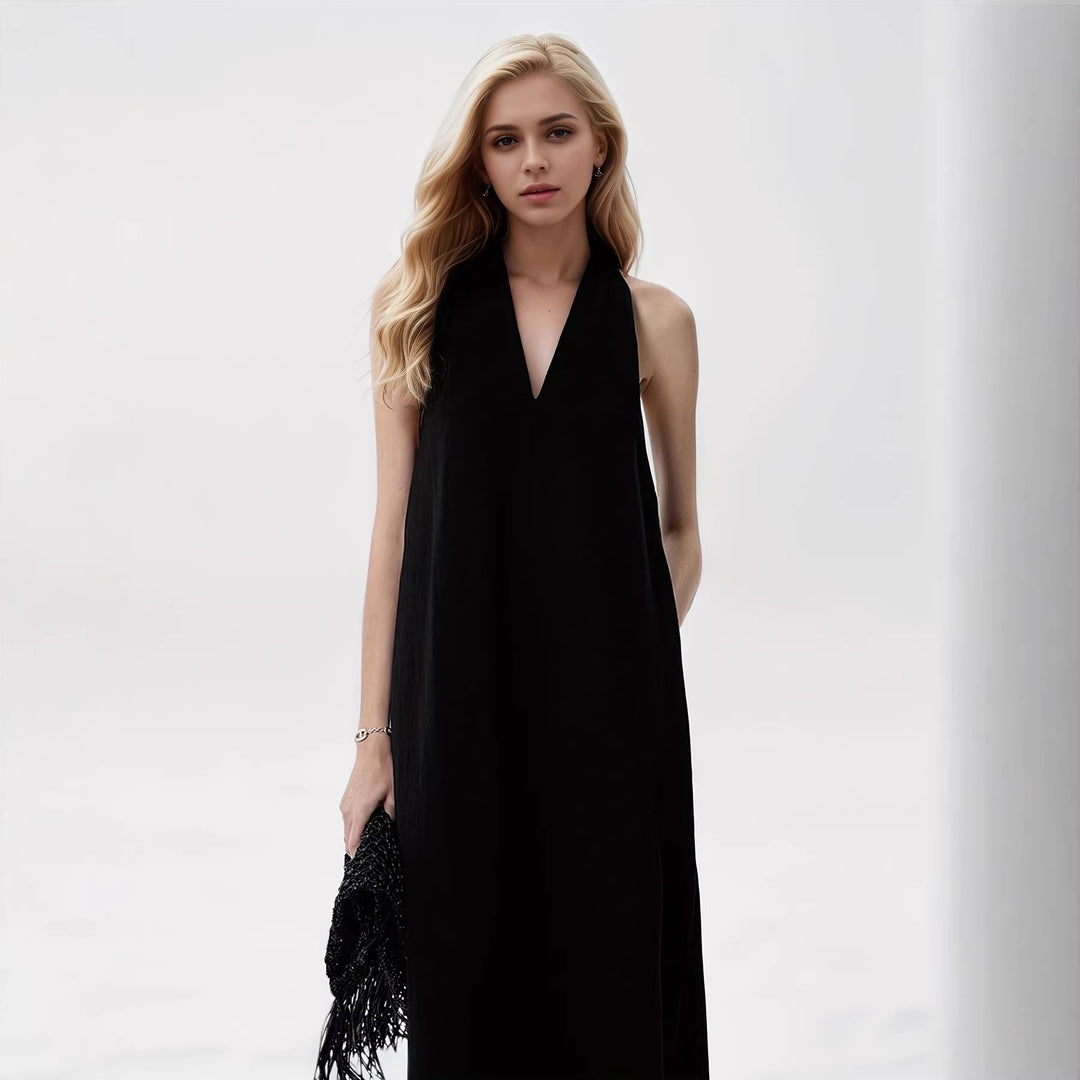 Damen Elegantes Maxikleid mit tiefem V-Ausschnitt und fließendem Stoff EB