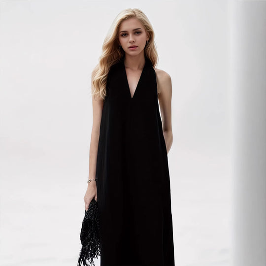 Damen Elegantes Maxikleid mit tiefem V-Ausschnitt und fließendem Stoff EB