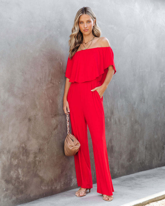 Damen Off-Shoulder Jumpsuit mit weitem Bein und elastischem Bund EB