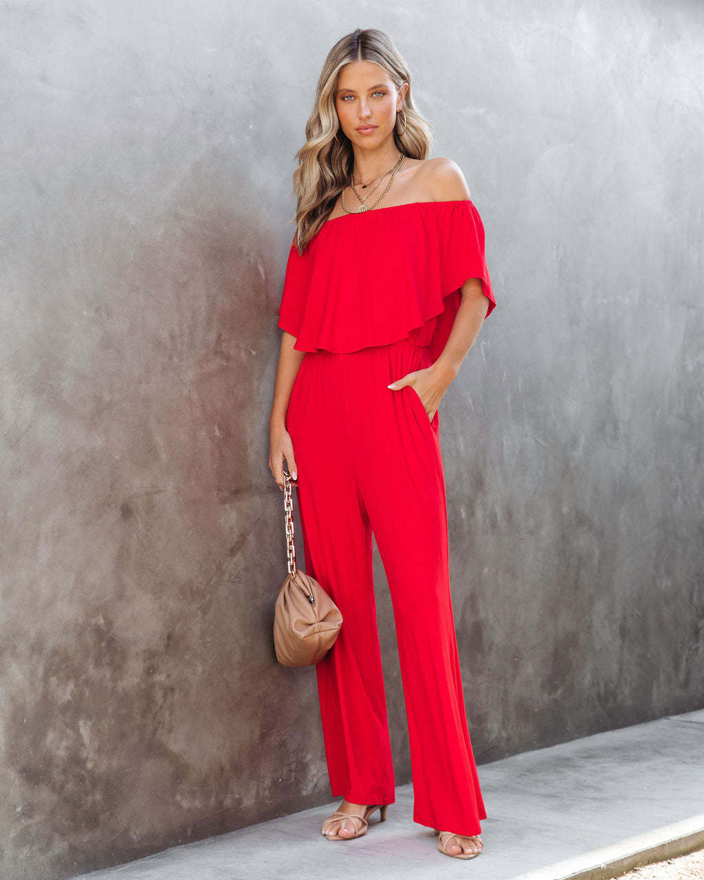 Damen Off-Shoulder Jumpsuit mit weitem Bein und elastischem Bund EB