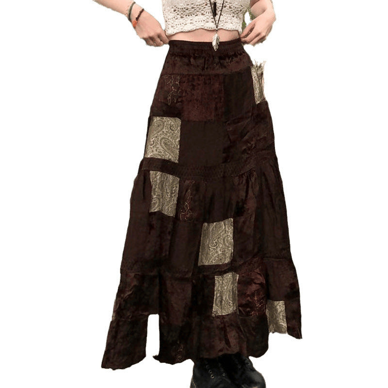 Damen Maxirock mit floralen Patchwork-Mustern und voluminösem Saum EB