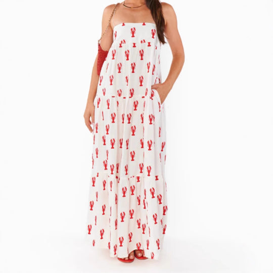 Damen nan trägerloses Stufenmaxikleid mit Bandeau-Oberteil lockerer A-Linie und maritimem Hummer-Print EB