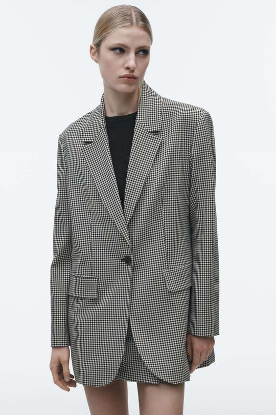 Damen Oversize Hahnentritt Blazer mit Ein-Knopf-Verschluss und Pattentaschen EB
