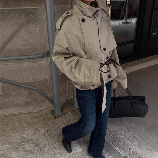 Damen Modische Kurzjacke mit hohem Kragen und Taillengürtel EB