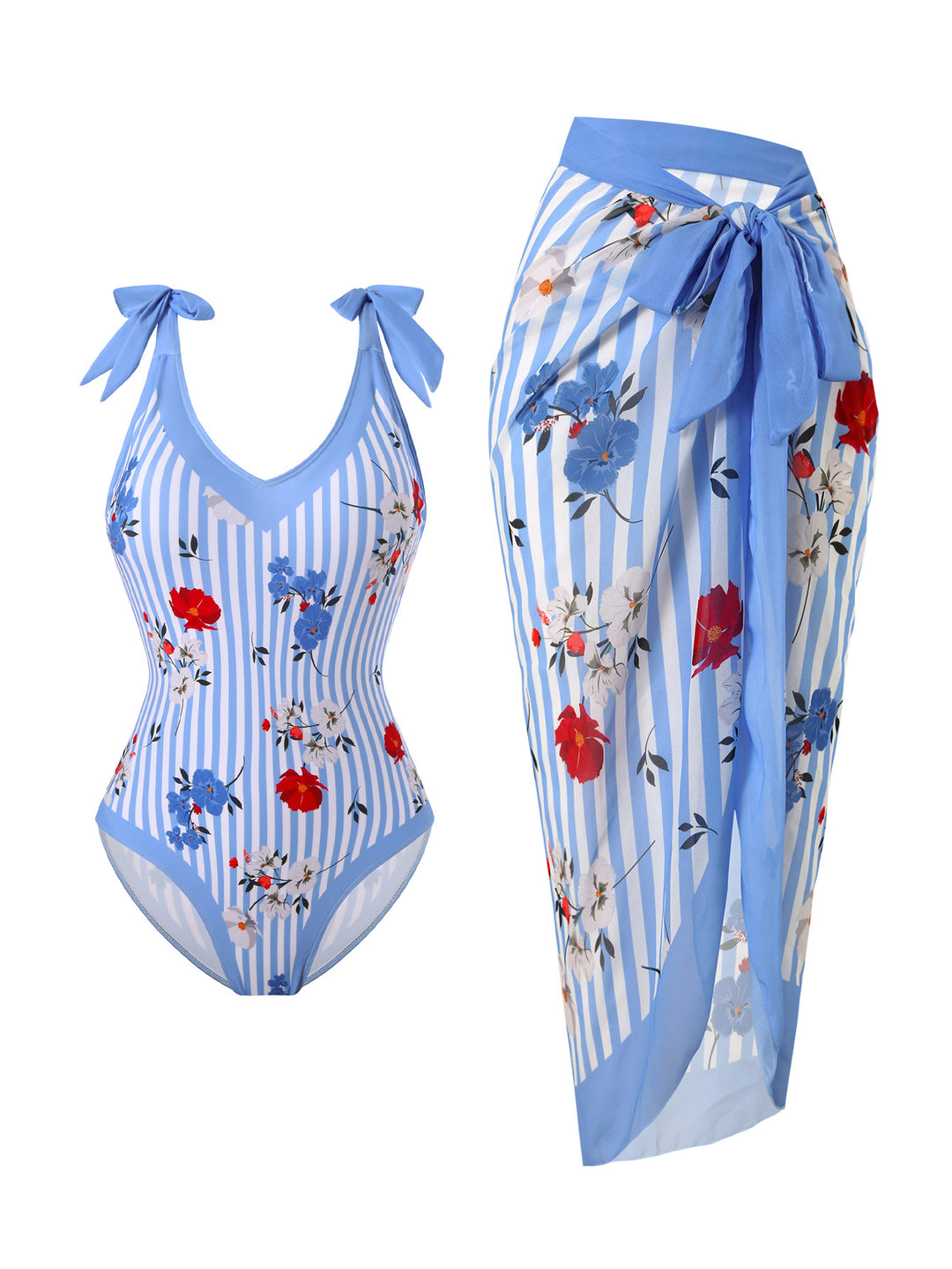 Damen Badeanzug mit floralem Design und transparentem Wickelrock EB