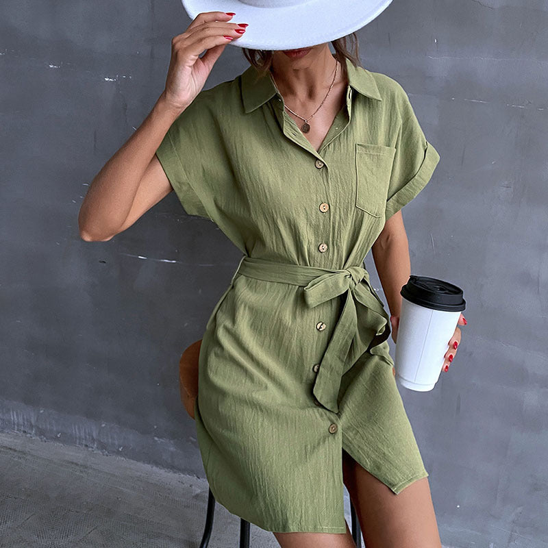 Damen Hemdblusenkleid mit Taillengürtel und Kurzarm EB