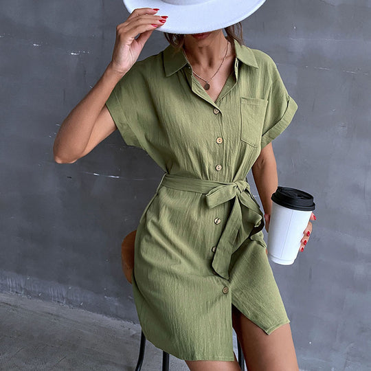 Damen Hemdblusenkleid mit Taillengürtel und Kurzarm EB