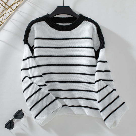 Damen lässiger Strickpullover mit blockierendem Streifenmuster und weitem Schnitt EB