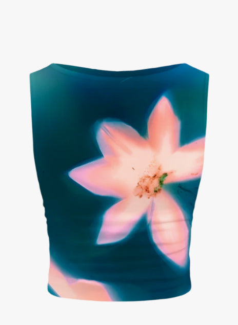Damen ärmelloses Crop-Top mit floralem Motiv und figurbetontem Schnitt EB