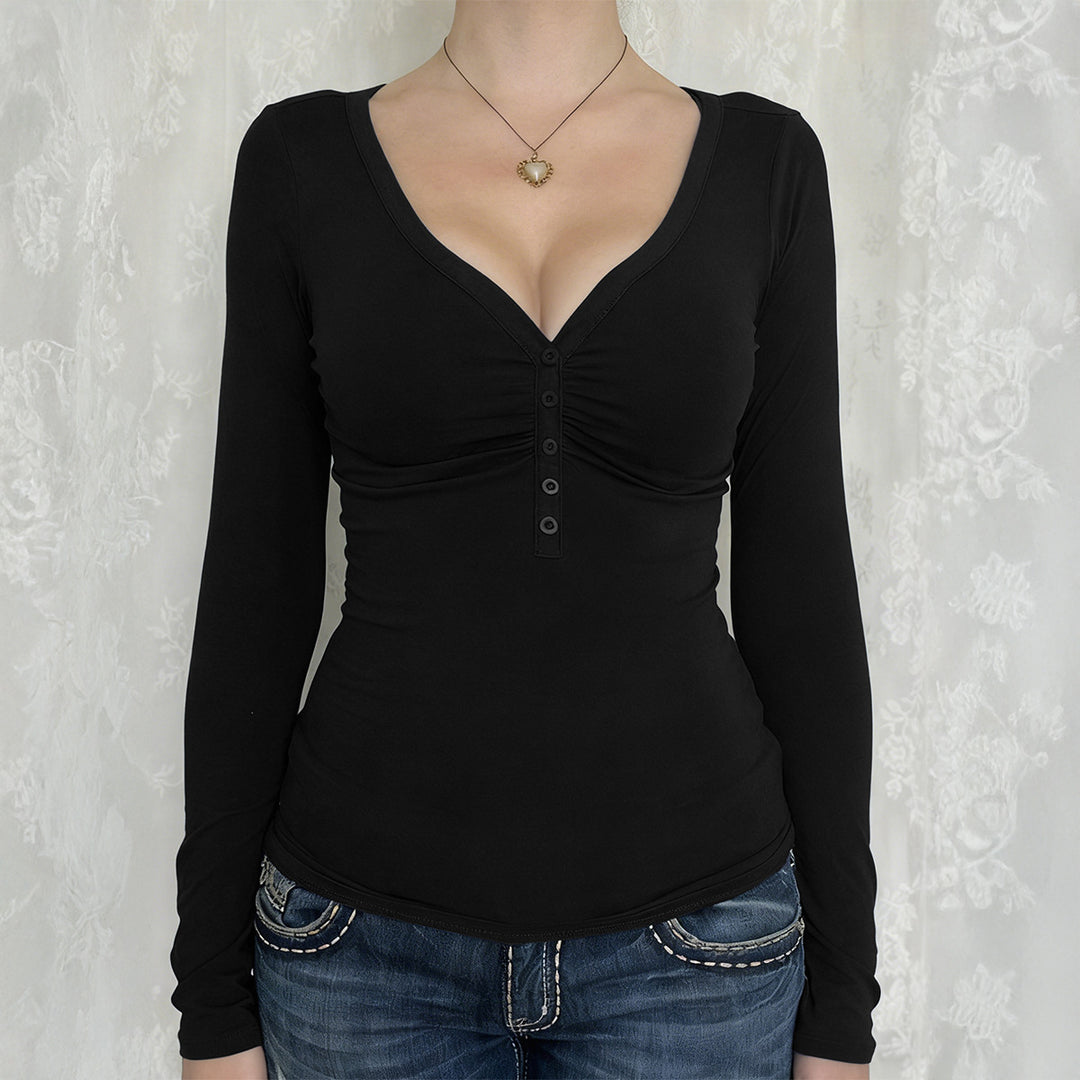 Damen nan tailliertes Langarmshirt mit geraffter Knopfleiste und tiefem V-Ausschnitt EB