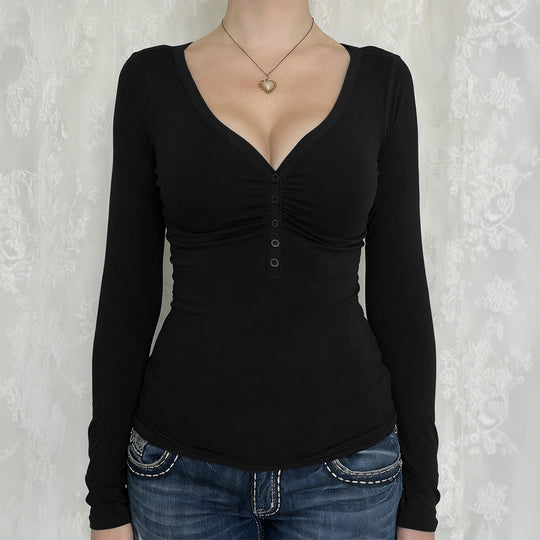 Damen nan tailliertes Langarmshirt mit geraffter Knopfleiste und tiefem V-Ausschnitt EB