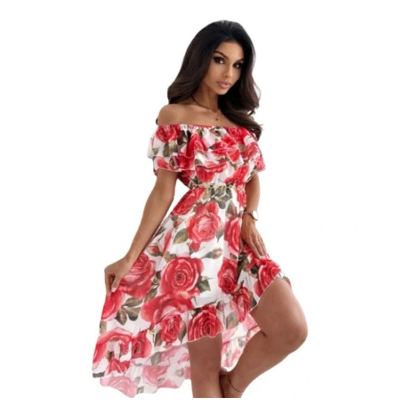 Damen Off-Shoulder Kleid mit Rüschendetails und floralem Druck EB