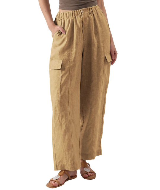 Damen lässige Leinen-Cargo-Hose mit hohen Taschen und elastischem Bund EB
