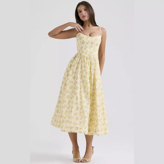 Damen Midi-Blumenkleid mit trägerlosem Stil und schwingendem Rock EB