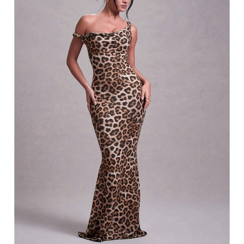 Damen Langarm Maxikleid im eleganten Leopardenmuster EB