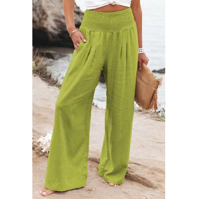 Damen weite Leinenhose mit elastischem Bund und Falten EB