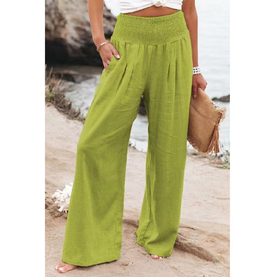 Damen weite Leinenhose mit elastischem Bund und Falten EB
