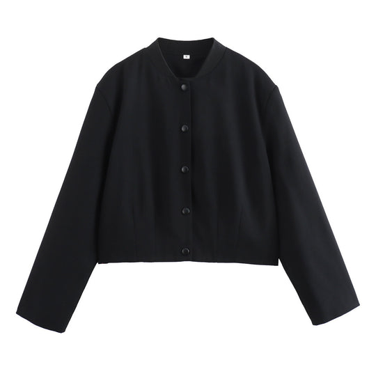 Damen modische Cropped-Jacke mit Knopfverschluss und elastischem Ausschnitt EB