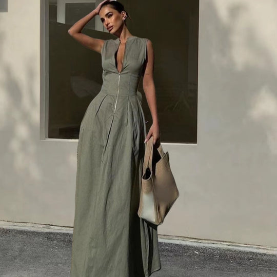 Damen Elegantes Maxi-Kleid mit tiefem V-Ausschnitt und schmalem Schnitt EB