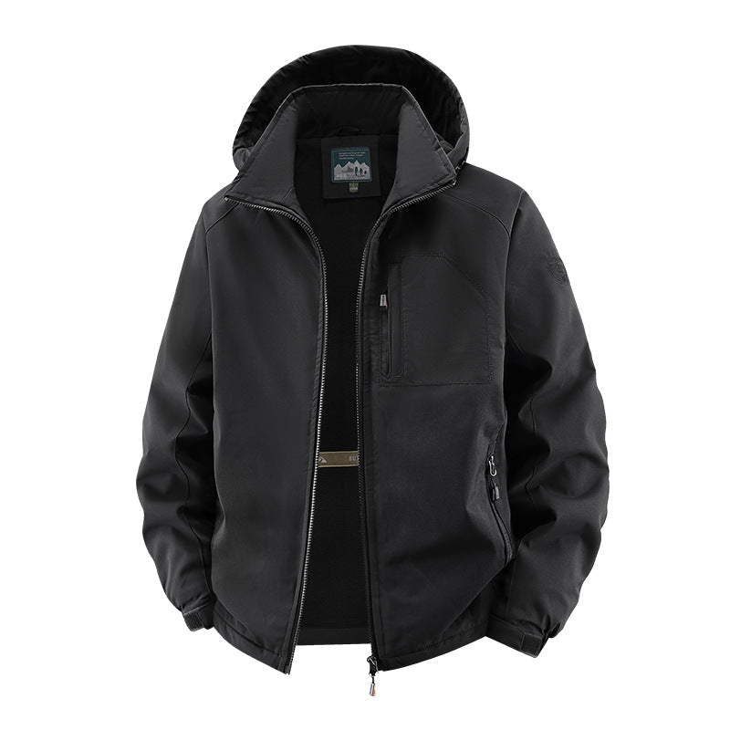 Herren nan multifunktionale Softshell-Tacticaljacke mit versteckter Kapuze, vertikaler Brusttasche und atmungsaktivem Fleecefutter EB
