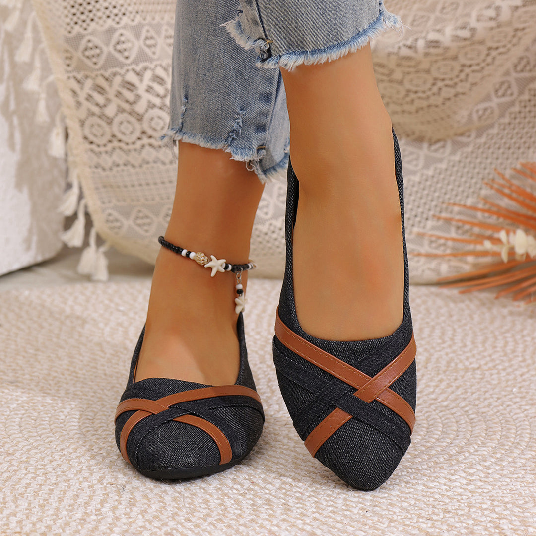 Damen Ballerinas aus Denim mit eleganten Lederapplikationen EB