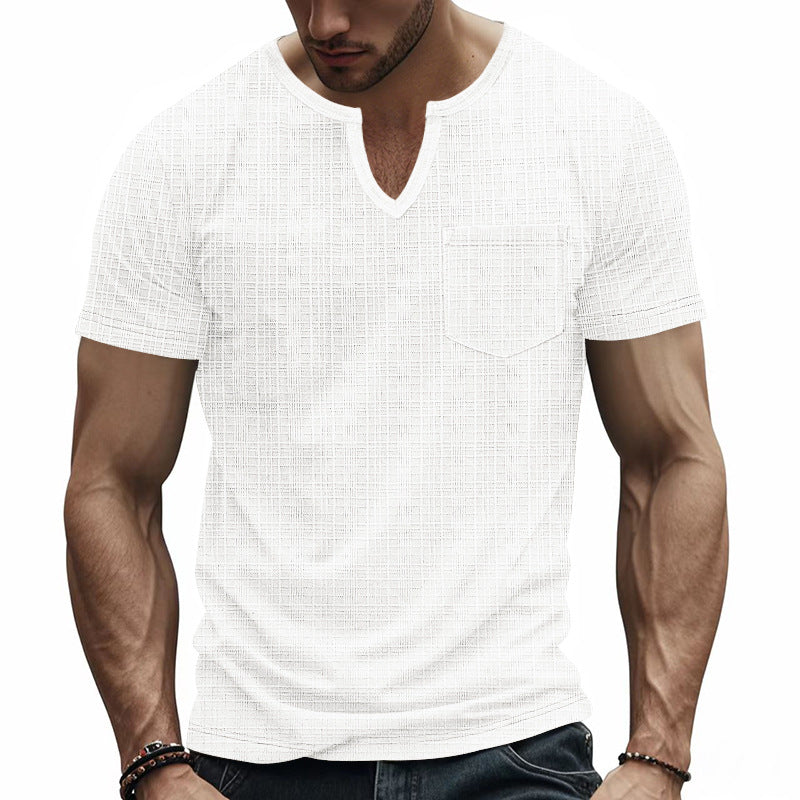 Herren nan Kurzarmshirt mit geschlitztem V-Ausschnitt strukturierter Leinenoptik und aufgesetzter Brusttasche EB