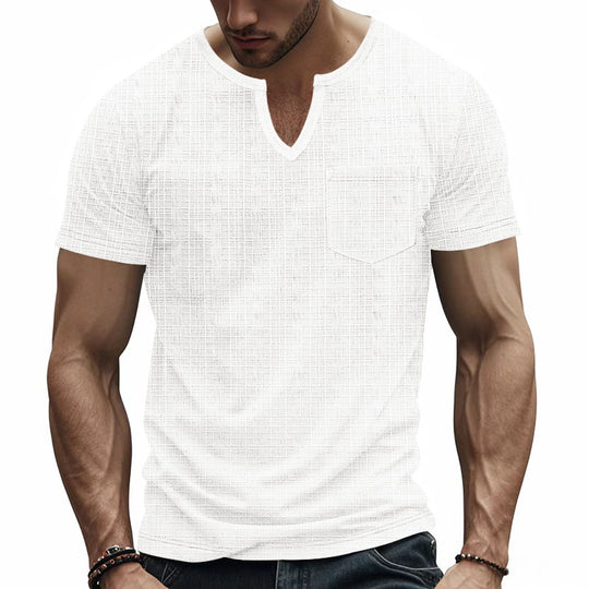 Herren nan Kurzarmshirt mit geschlitztem V-Ausschnitt strukturierter Leinenoptik und aufgesetzter Brusttasche EB
