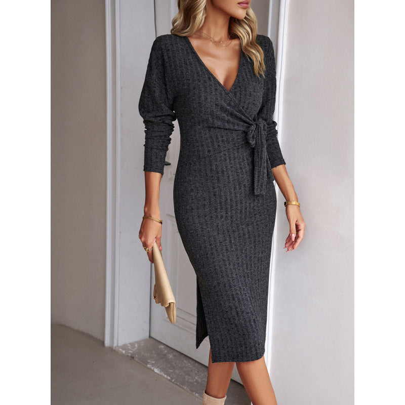 Damen Wickelkleid mit tiefem V-Ausschnitt und Taillengürtel EB