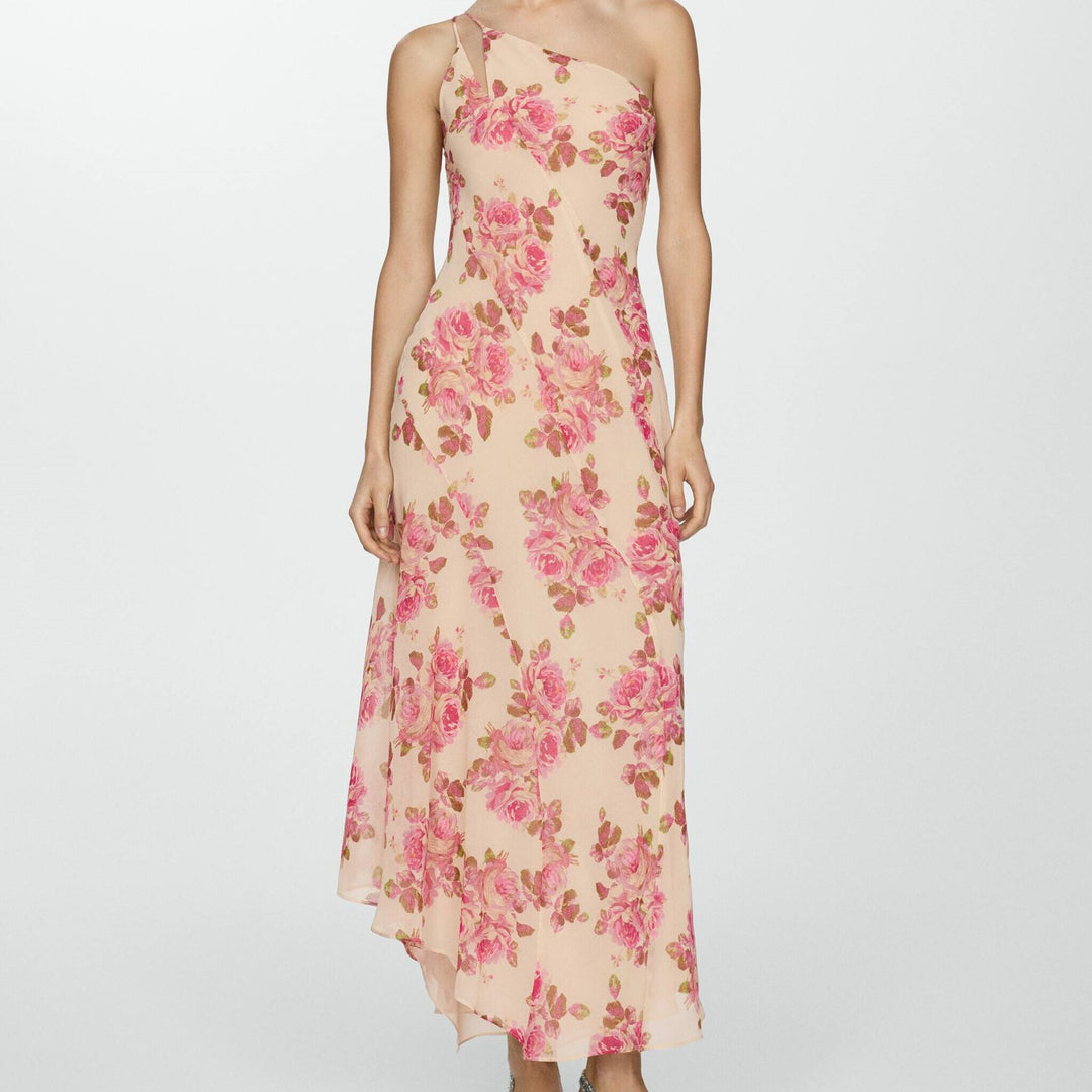Damen asymmetrisches Maxikleid mit floralem Muster und einem Schulterdesign EB