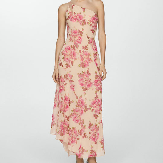 Damen asymmetrisches Maxikleid mit floralem Muster und einem Schulterdesign EB
