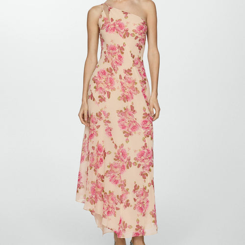 Damen asymmetrisches Maxikleid mit floralem Muster und einem Schulterdesign EB