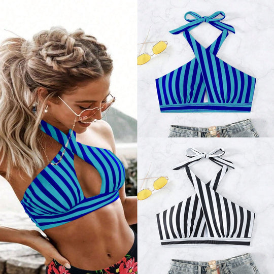 Damen Triangel-Bikinioberteil mit durchdachtem Wickeldesign und elegantem Streifenmuster EB