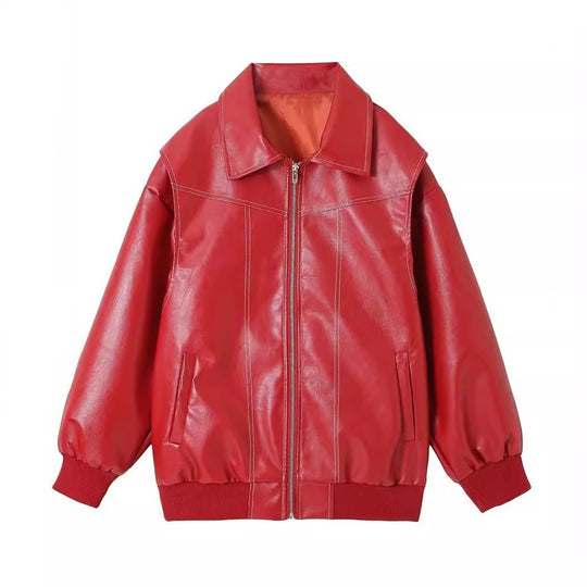 Damen stylische Kunstlederjacke mit voluminösen Ärmeln und praktischen Zipper-Taschen EB