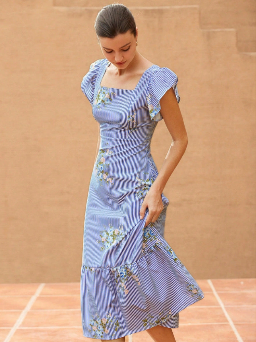 Damen Maxikleid mit floralem Streifenmuster und taillierter Silhouette EB