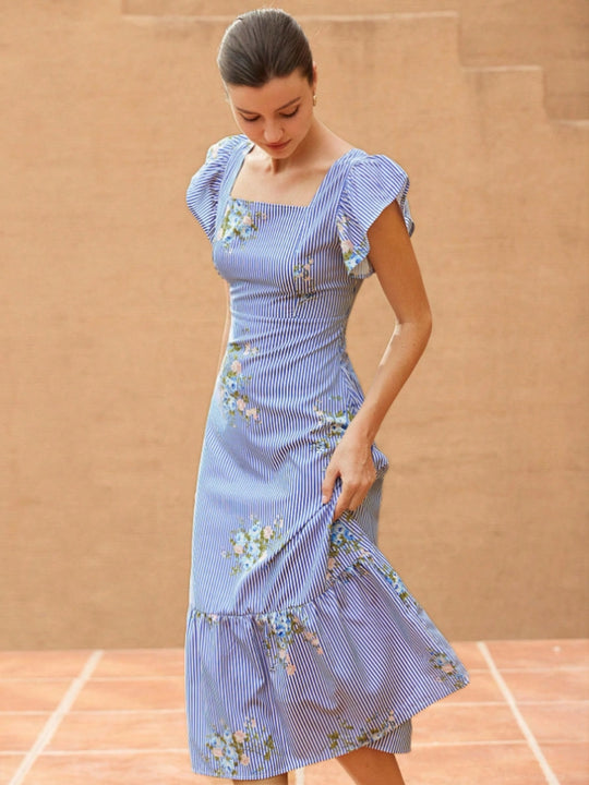 Damen Maxikleid mit floralem Streifenmuster und taillierter Silhouette EB