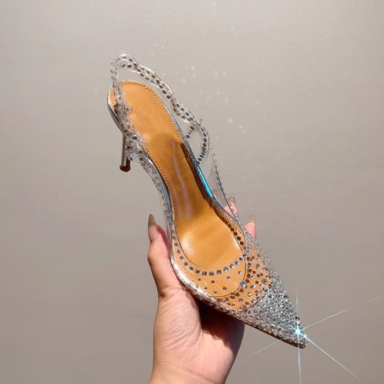 Damen High Heel Schuhe mit transparentem Riemendesign und funkelnden Strassakzenten EB
