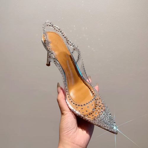 Damen High Heel Schuhe mit transparentem Riemendesign und funkelnden Strassakzenten EB