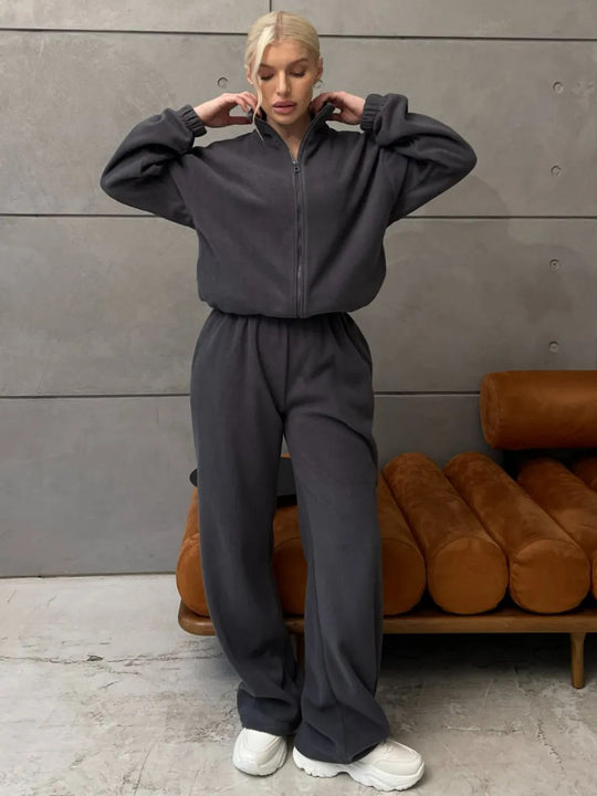 Damen Komfortables Fleece-Loungewear-Set mit kurzem Zip-Top und weiter High-Waist-Hose EB
