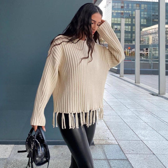 Damen lässiger Rippstrick-Pullover mit Fransen-Saum und Oversize-Silhouette Eichborn Berlin
