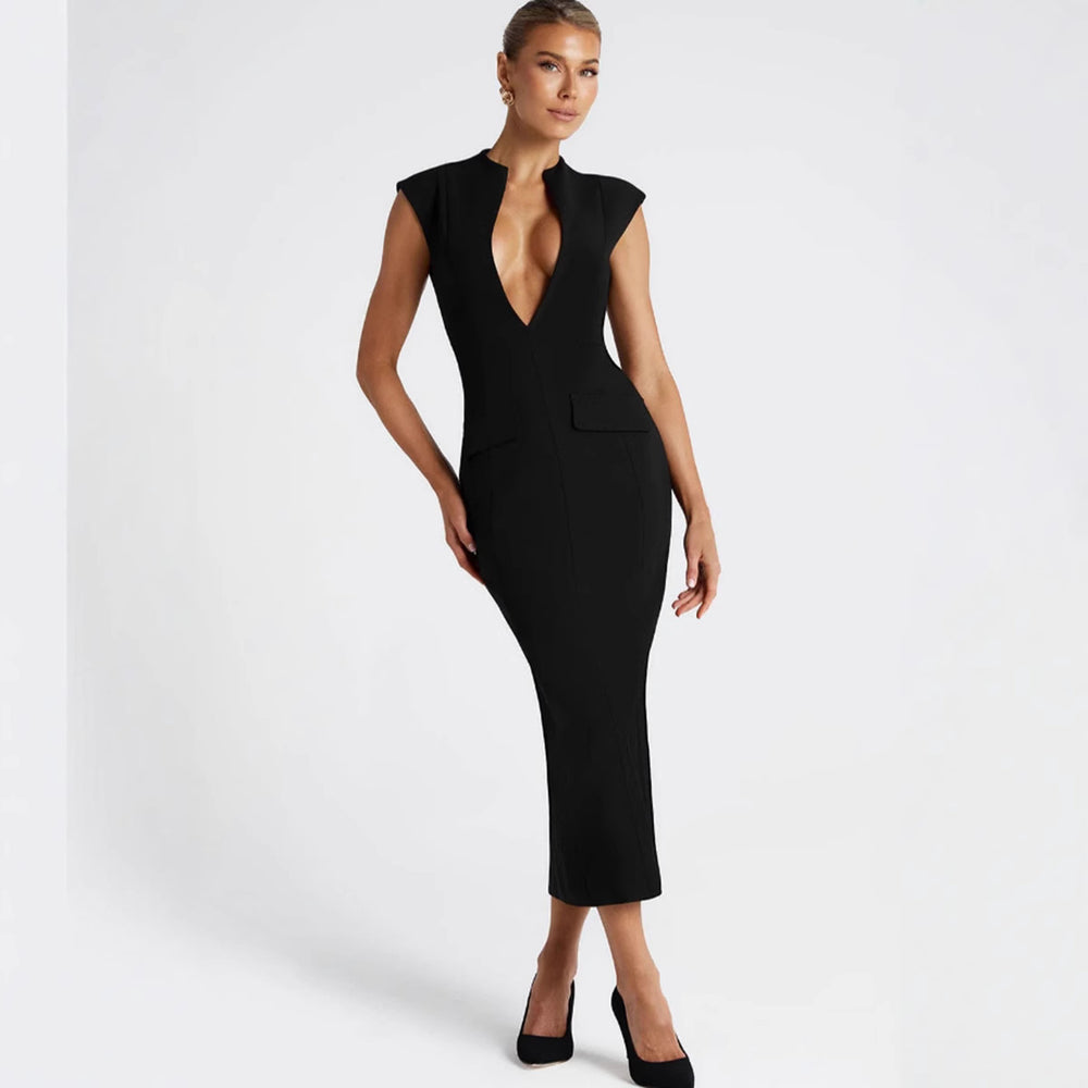 Damen figurbetontes Kleid mit tiefem V-Ausschnitt und eleganten Taschen EB