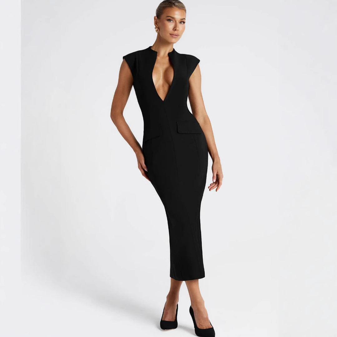 Damen elegantes Figurbetontes Kleid mit tiefem V-Ausschnitt und praktischen Taschen EB