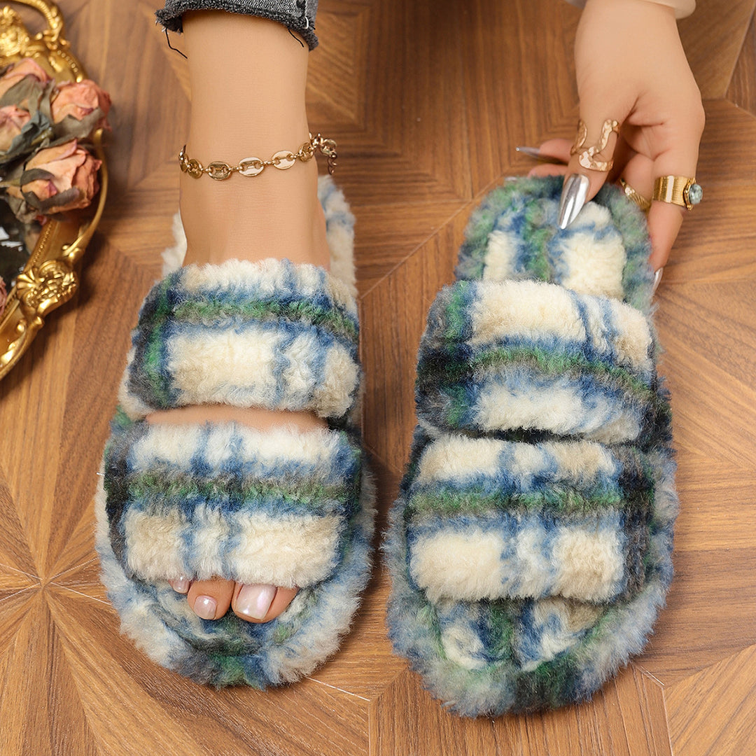 Damen bequeme Hausschuhe aus flauschigem Material mit doppeltem Riemen EB