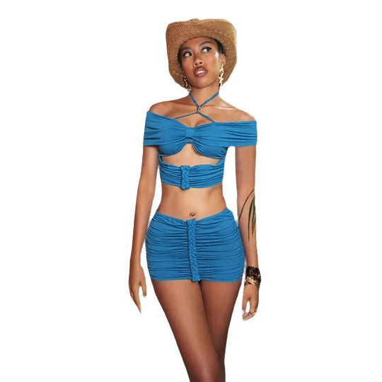 Damen Cropped Oberteil und Minirock Set mit Raffungen und schulterfreiem Design EB