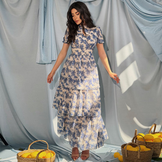 Damen Blumenkleid mit schickem Stehkragen und durchscheinenden Ärmeln EB
