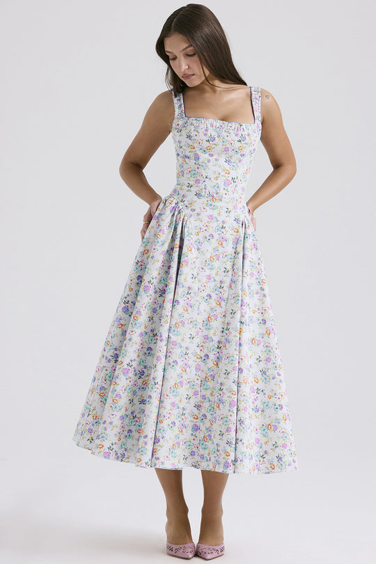 Damen Midi-Kleid mit floralem Muster und angeschnittenem Rock EB