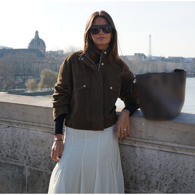 Damen lässige Suede-Jacke mit funktionalen Taschen und modernem Design EB