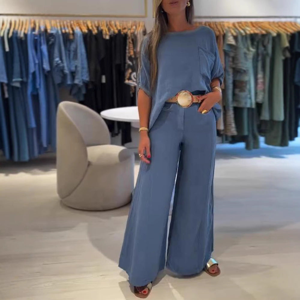 Damen nan Leinenmix-Zweiteiler mit kastigem Oversize-Shirt, Brusttasche und weiter Palazzohose EB
